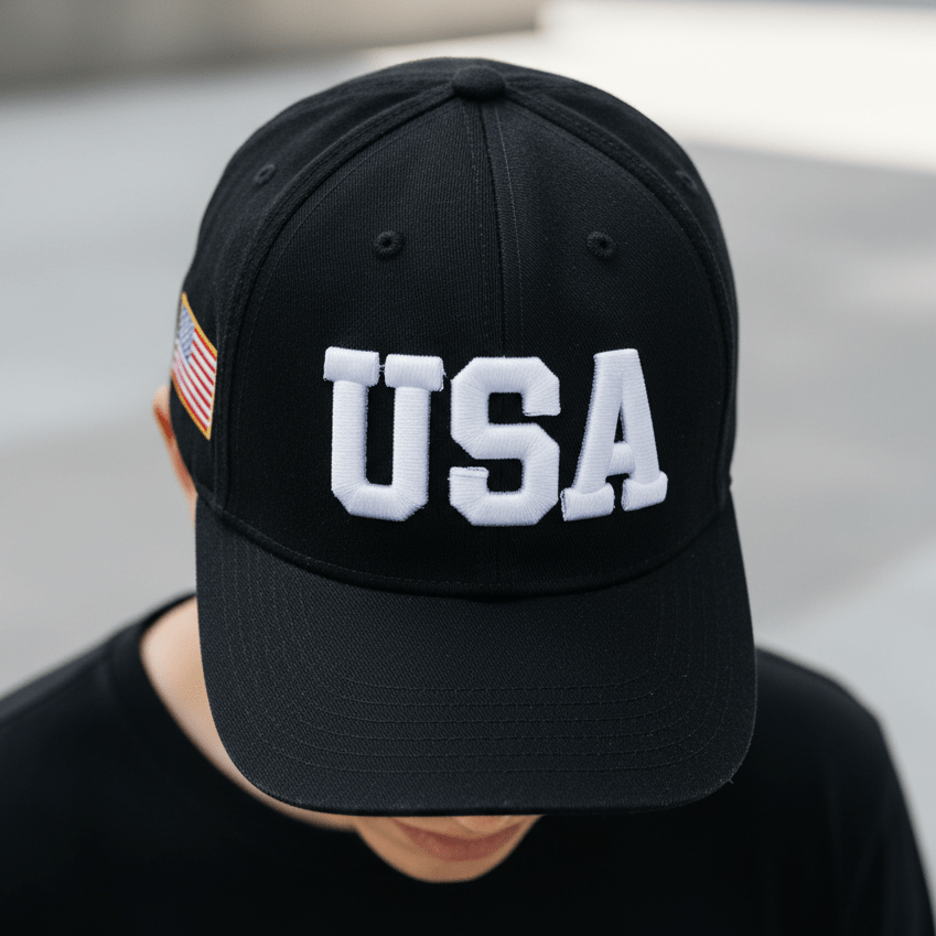 USA embroidered cap close-up logo detail black cap texture