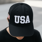 USA embroidered cap close-up logo detail black cap texture