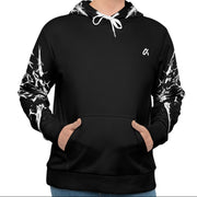 Night Pulse hoodie graphic detail closeup — white print on black