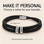 Make it personal: custom name engraving example on a leather bracelet bead, ALEX and SAFE