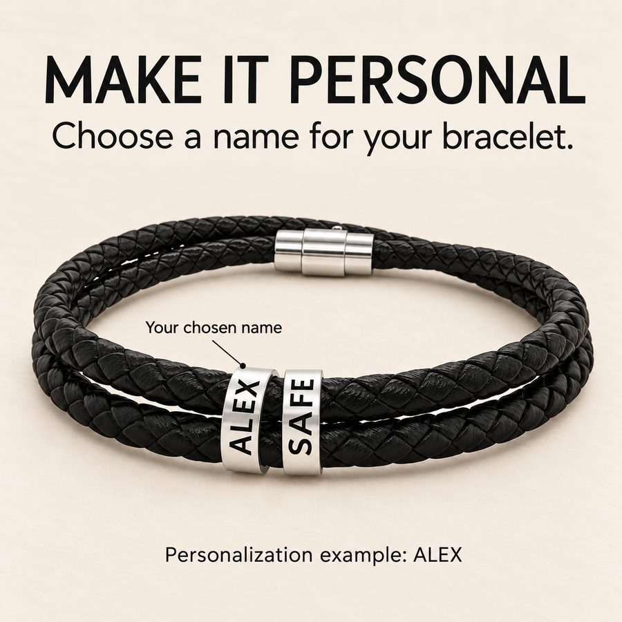Make it personal: custom name engraving example on a leather bracelet bead, ALEX and SAFE