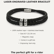 Laser-engraved leather bracelet infographic: 8.5 inch size, magnetic clasp, gift box, text-only engraving