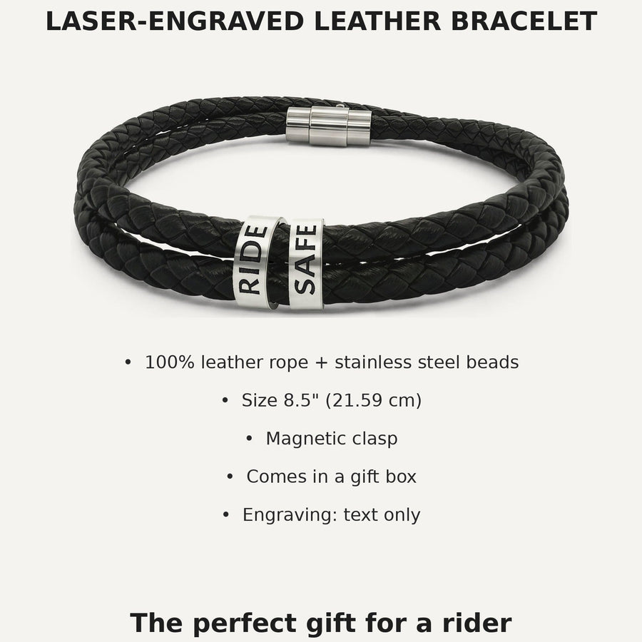 Laser-engraved leather bracelet infographic: 8.5 inch size, magnetic clasp, gift box, text-only engraving