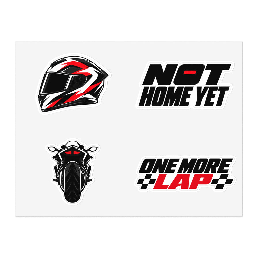 Sheet of four gothic motorcycle vinyl stickers: racing helmet, Not Home Yet, sportbike rear view, One More Lap (mockup)