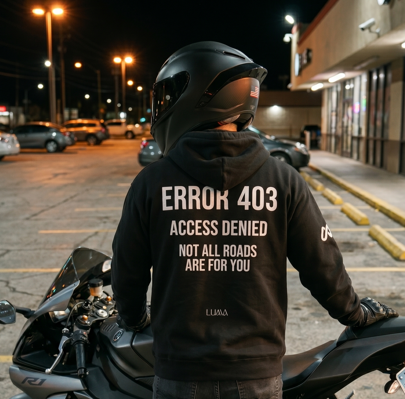 ERROR 403 Access Denied black hoodie worn by motorcycle rider — LUMA biker streetwear