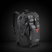 LUMA MotoPack Pro backpack front three-quarter studio shot with LUMA wordmark
