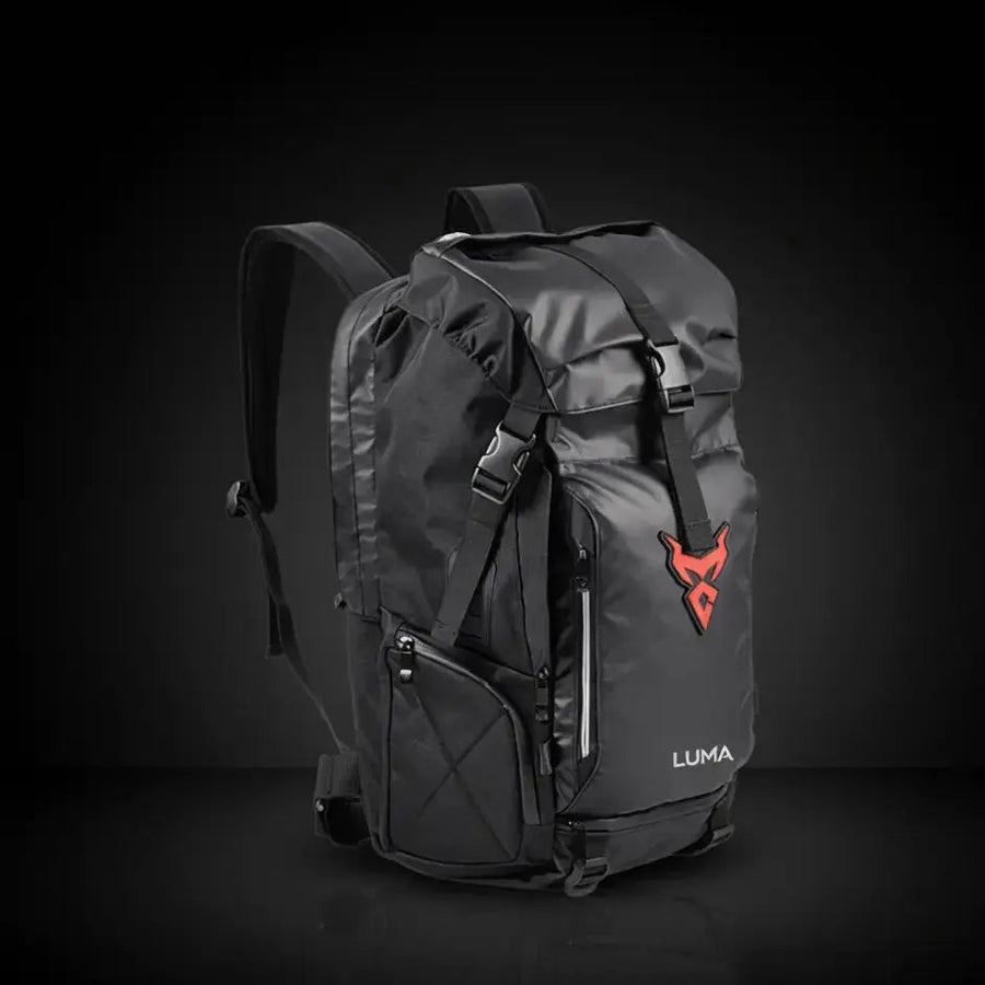 LUMA MotoPack Pro backpack front three-quarter studio shot with LUMA wordmark