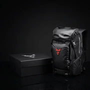 LUMA MotoPack Pro backpack and gift box, close studio shot