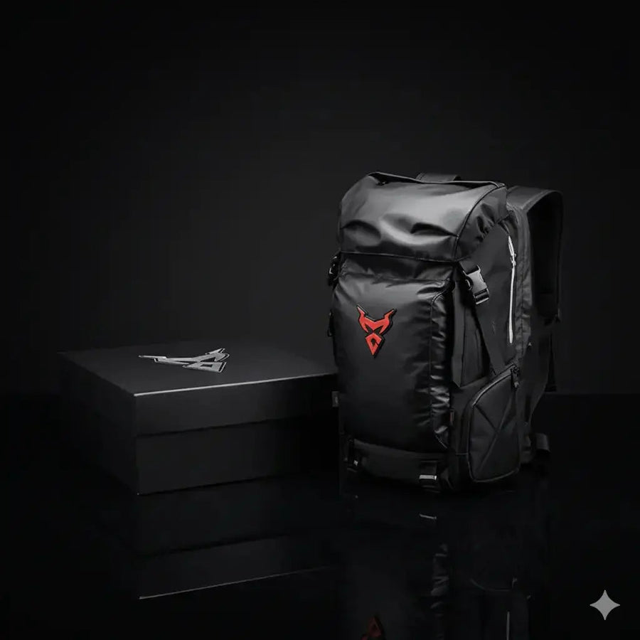 LUMA MotoPack Pro backpack and packaging box, alternate studio angle