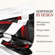 Neck gaiter feature infographic: 100% polyester microfiber, 130 g/m2 fabric, white interior, overlocked seams