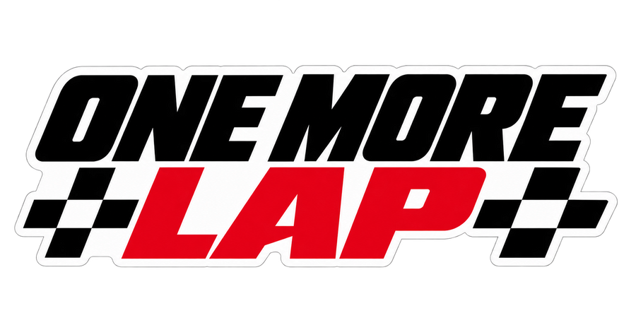One More Lap checkered flag racing vinyl sticker design in red and black