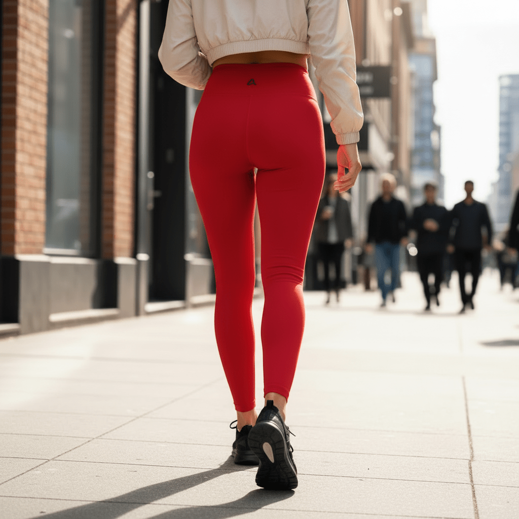 Red high waisted leggings back view with logo detail
