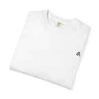 White t-shirt with a small black logo on a white background