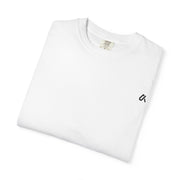 White t-shirt with a small black logo on a white background