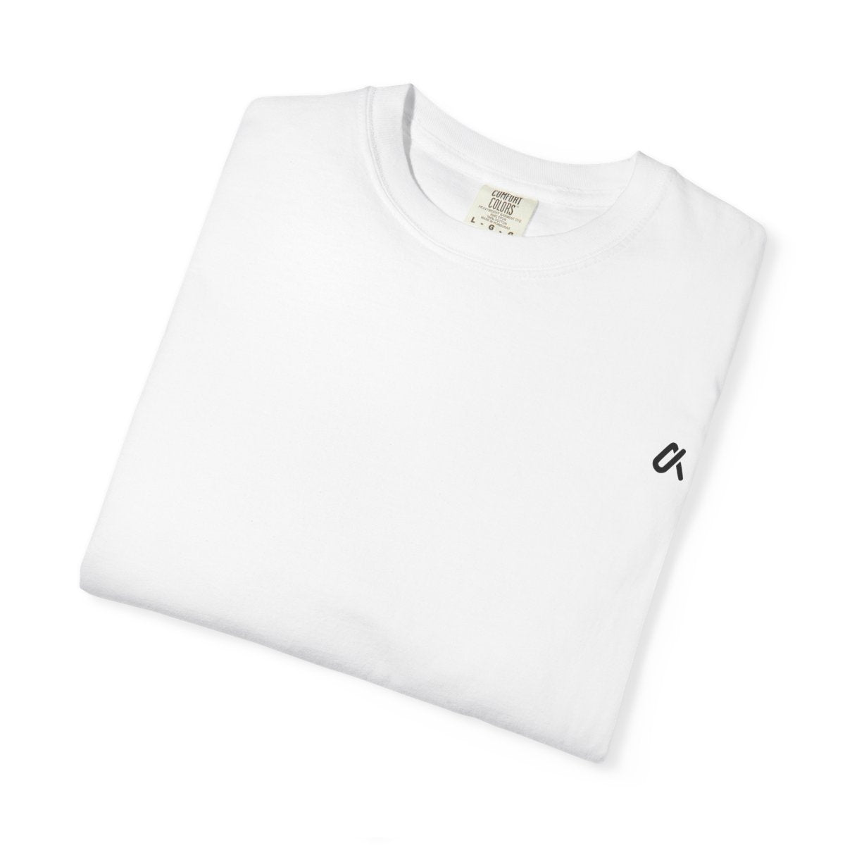 White t-shirt with a small black logo on a white background