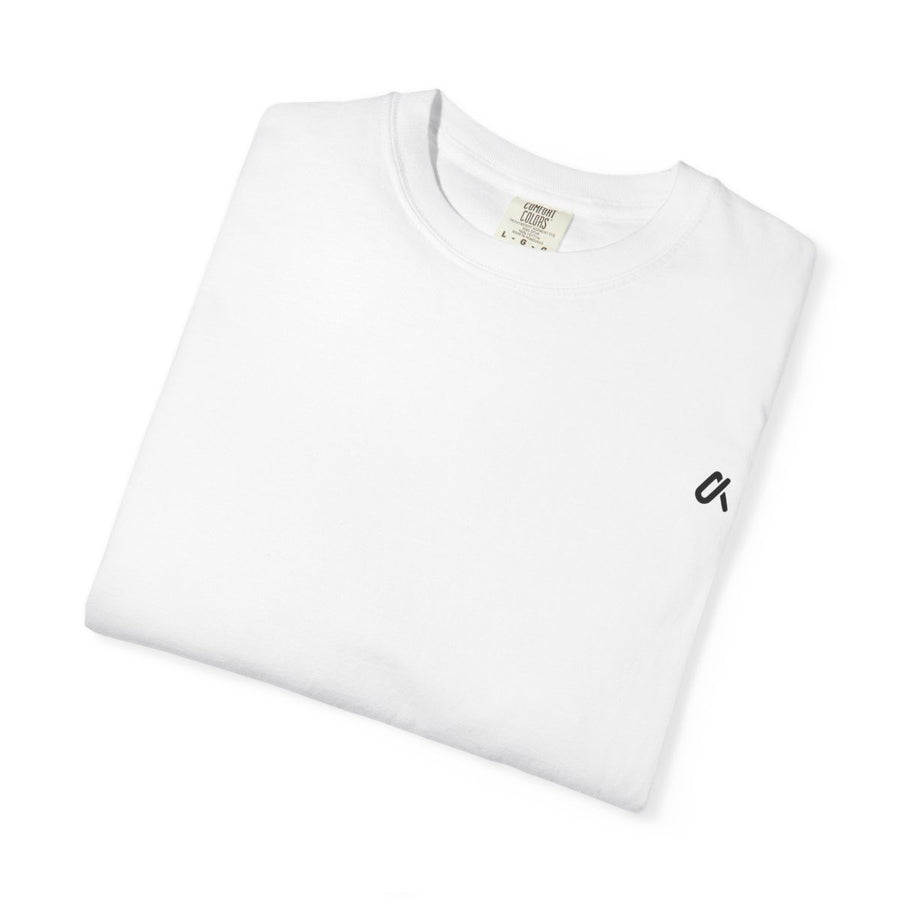 White t-shirt with a small black logo on a white background