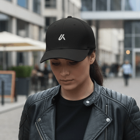 Woman wearing the LUMA Rider snapback cap and leather jacket on a city sidewalk